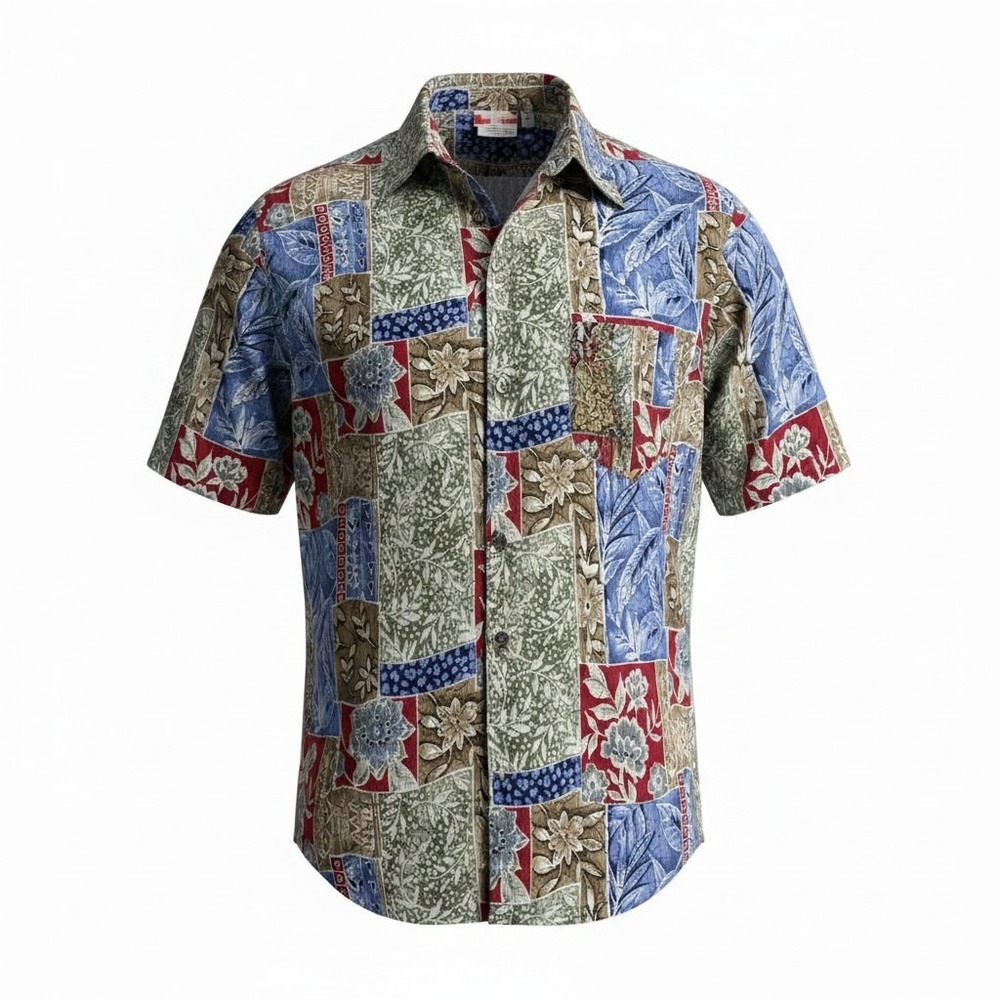 Alia Womens 16W Patchwork Floral Button Down Shirt Short Sleeve Crinkle Blue Red